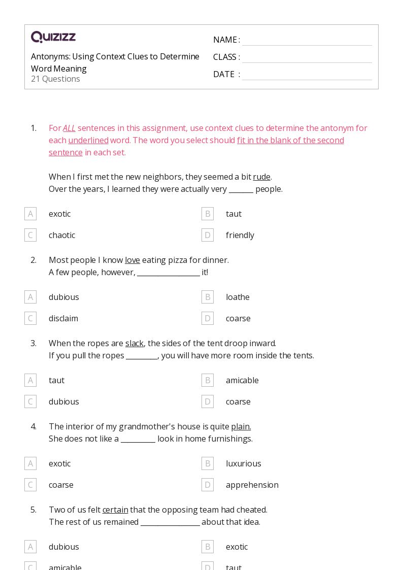 50+ Determining Meaning Using Context Clues worksheets for 8th Grade on