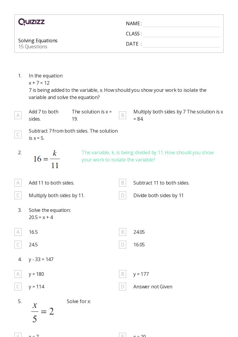 50+ Solving Equations worksheets for 6th Year on Quizizz Free & Printable