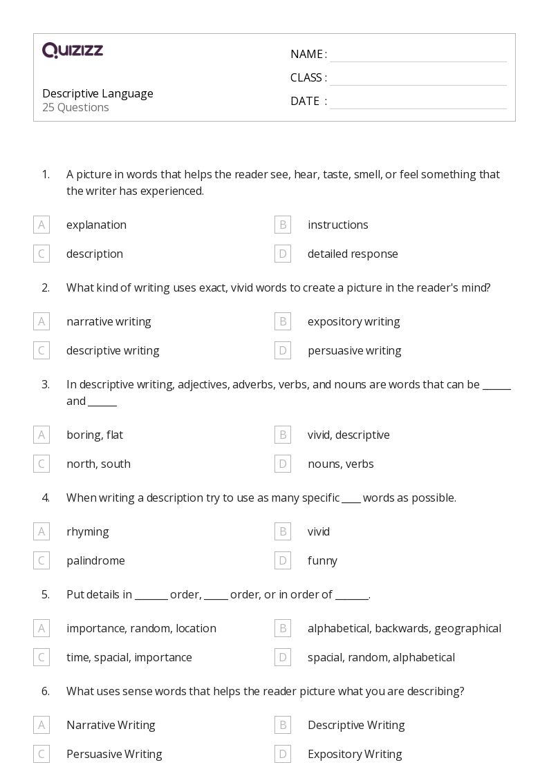 50+ Descriptive Verbs worksheets for 7th Year on Quizizz Free & Printable