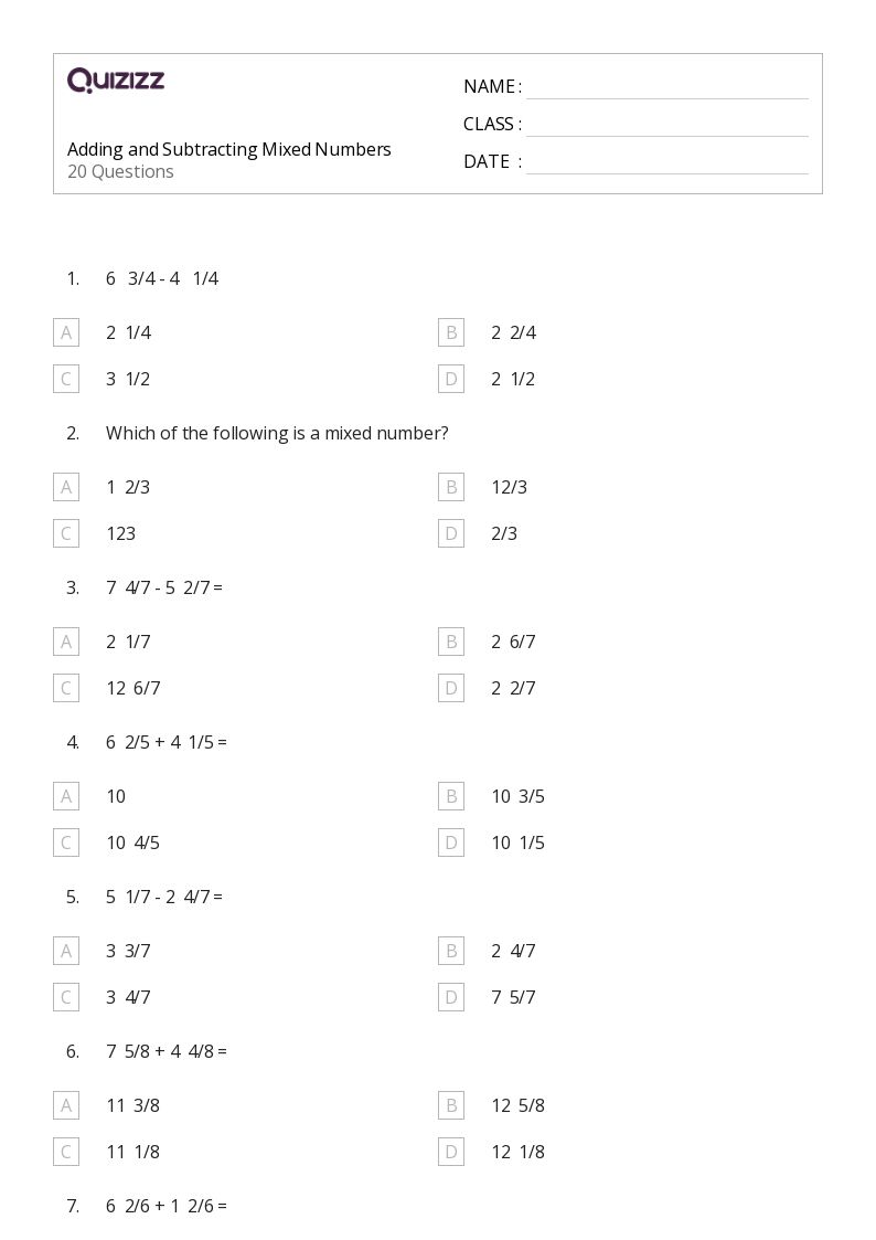 50+ Subtracting Mixed Numbers worksheets for 4th Grade on Quizizz Free & Printable