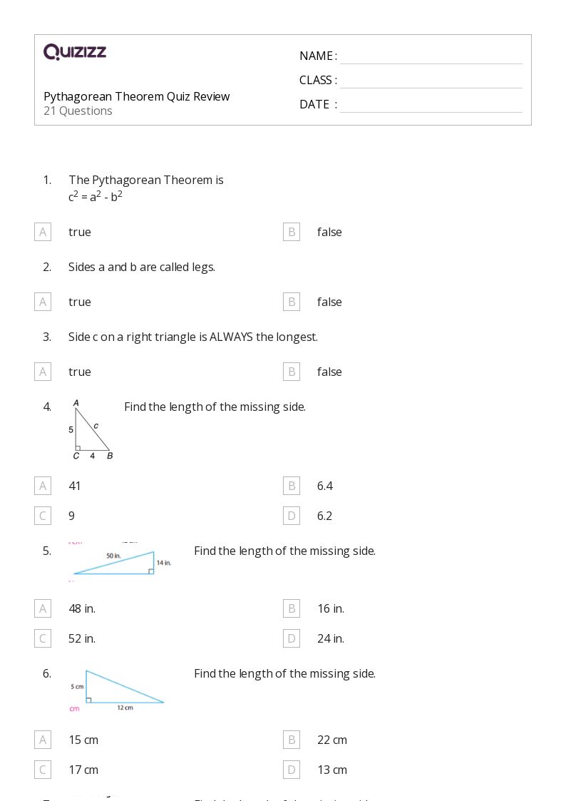 50+ pythagorean theorem worksheets for 9th Grade on Quizizz Free & Printable