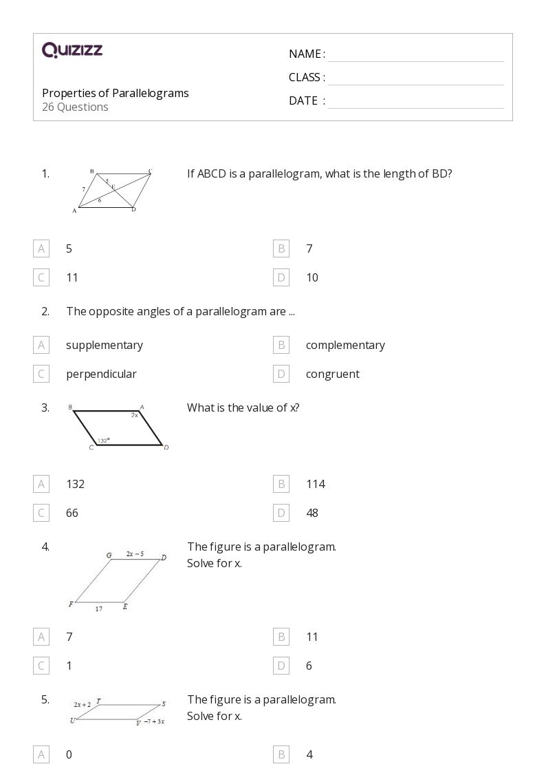 50+ properties of parallelograms worksheets for 12th Year on Quizizz