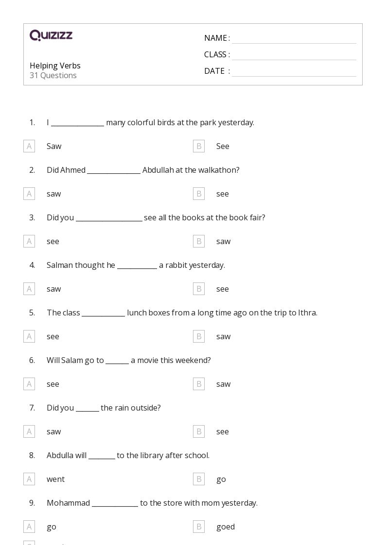 50+ Helping Verbs worksheets for 1st Grade on Quizizz Free & Printable