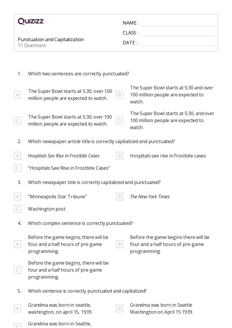 50+ Capitalization worksheets for 7th Grade on Quizizz Free & Printable