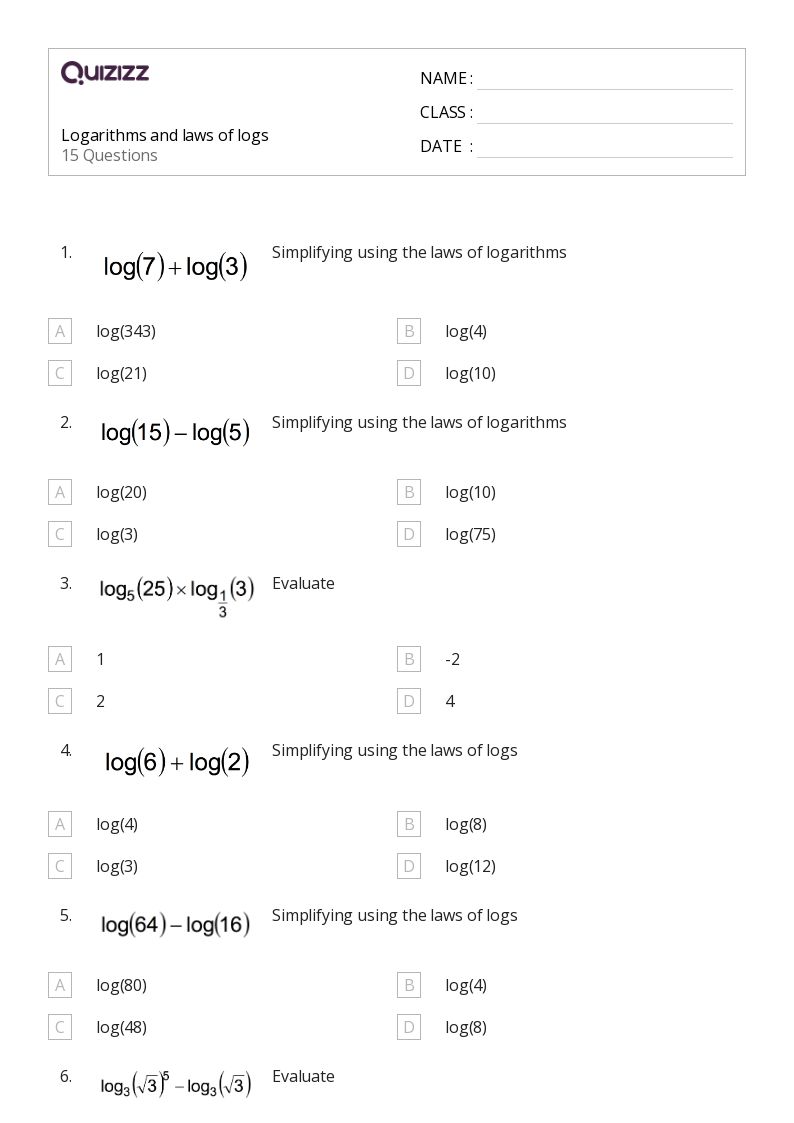50+ Logarithms worksheets for 11th Year on Quizizz | Free & Printable