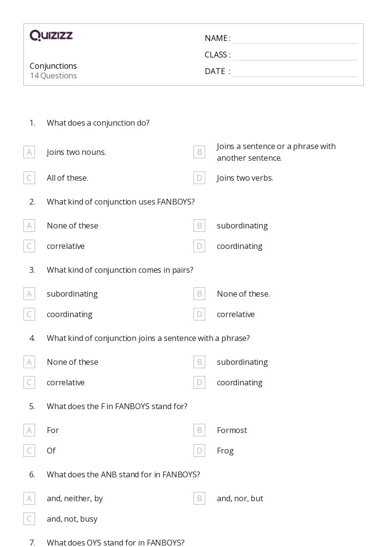 50+ Conjunctions worksheets for 6th Grade on Quizizz Free & Printable