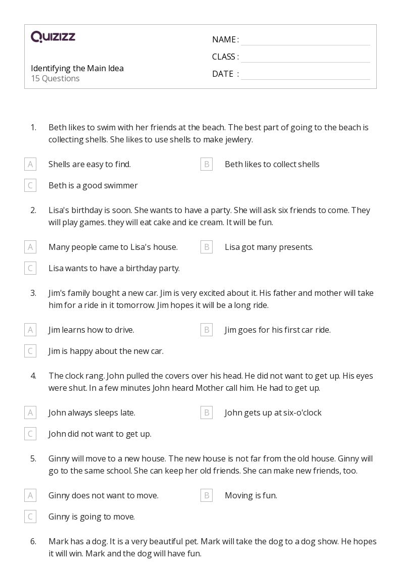 50+ Identifying the Main Idea worksheets for 4th Grade on Quizizz Free & Printable