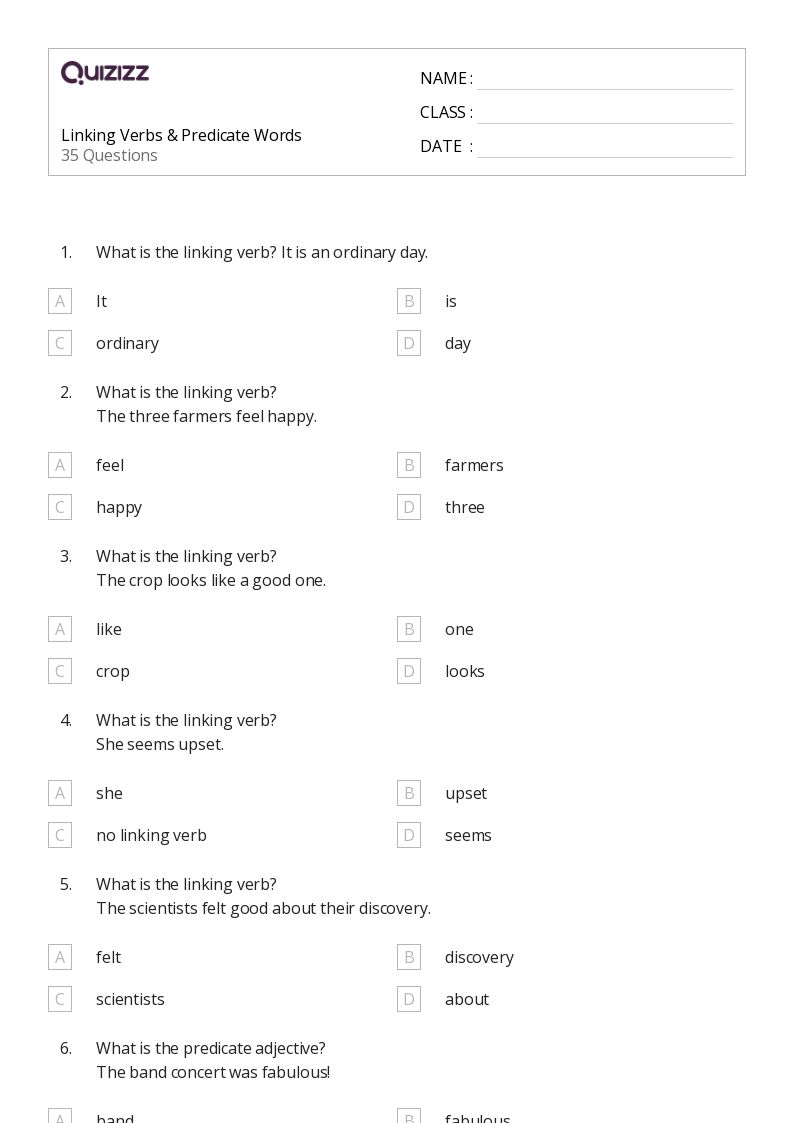 50+ Linking Verbs worksheets for 6th Grade on Quizizz | Free & Printable