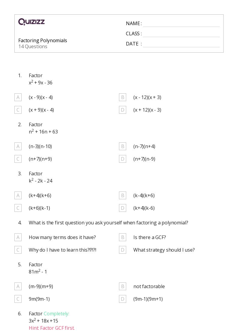 50+ factoring worksheets for 8th Grade on Quizizz Free & Printable