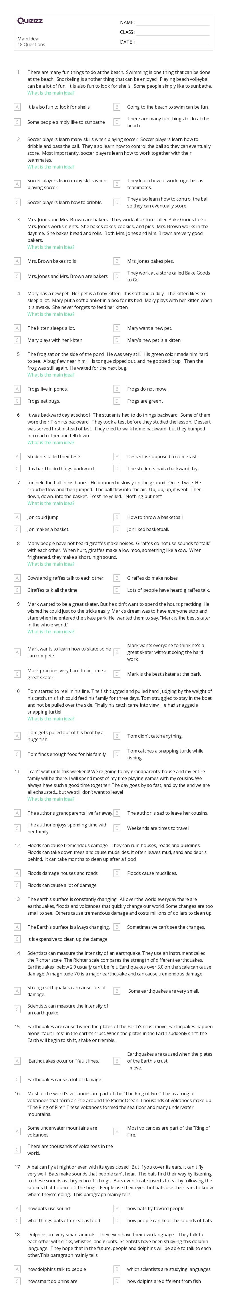 50+ Identifying the Main Idea worksheets for 2nd Grade on Quizizz Free & Printable