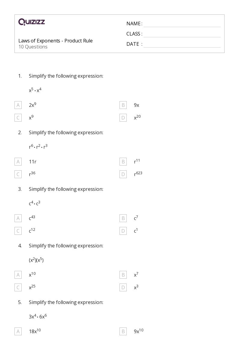 50+ product rule worksheets for 11th Grade on Quizizz Free & Printable