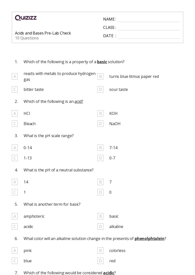 50+ Acids and Bases worksheets on Quizizz Free & Printable