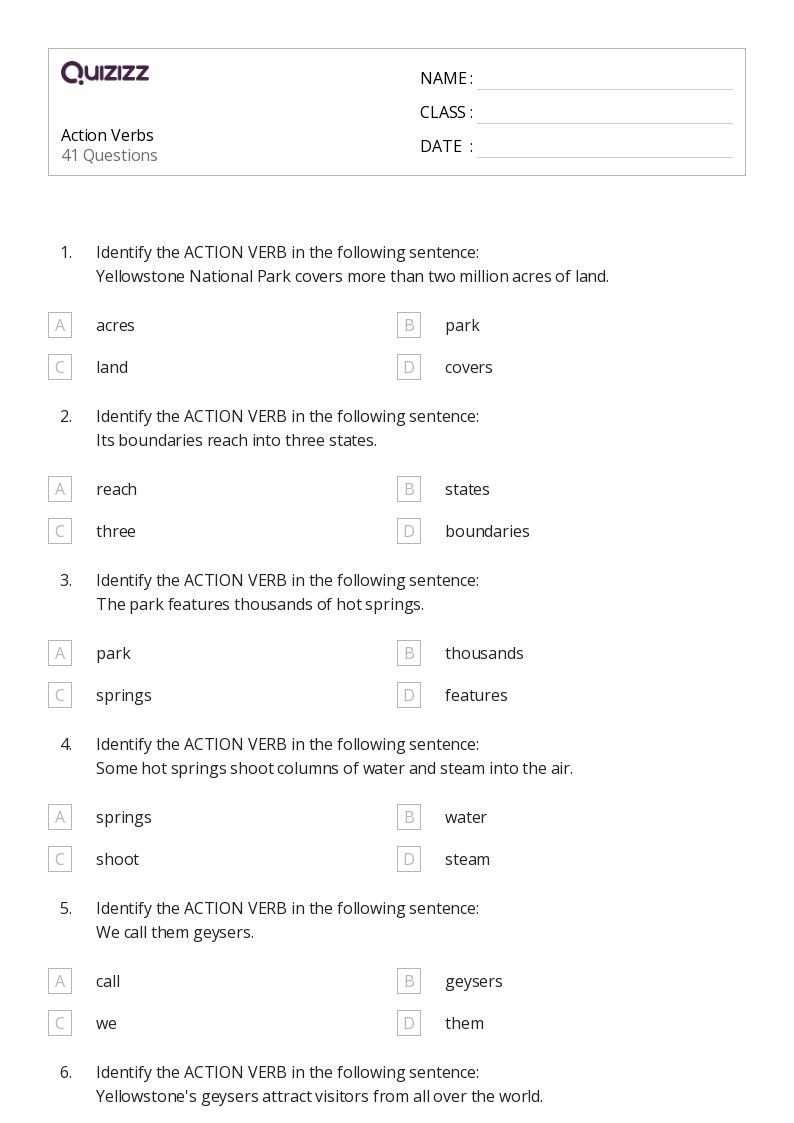 50+ Action Verbs worksheets for 7th Year on Quizizz Free & Printable