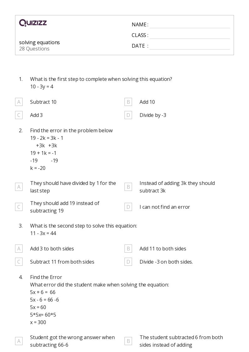50+ Solving Equations worksheets for Kindergarten on Quizizz Free & Printable