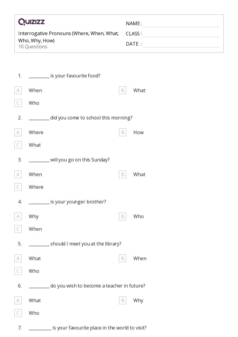 50+ Who What When Where Why Questions worksheets for 5th Year on