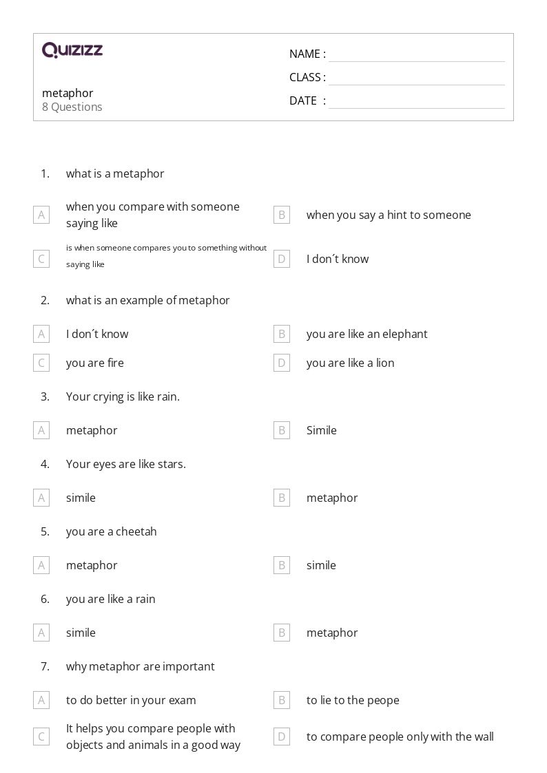 50+ Metaphors worksheets for 3rd Year on Quizizz Free & Printable