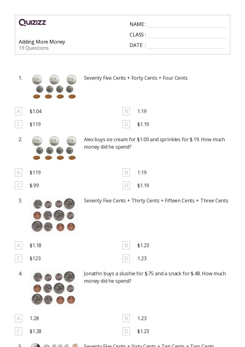 50+ Adding Money worksheets for 3rd Grade on Quizizz Free & Printable