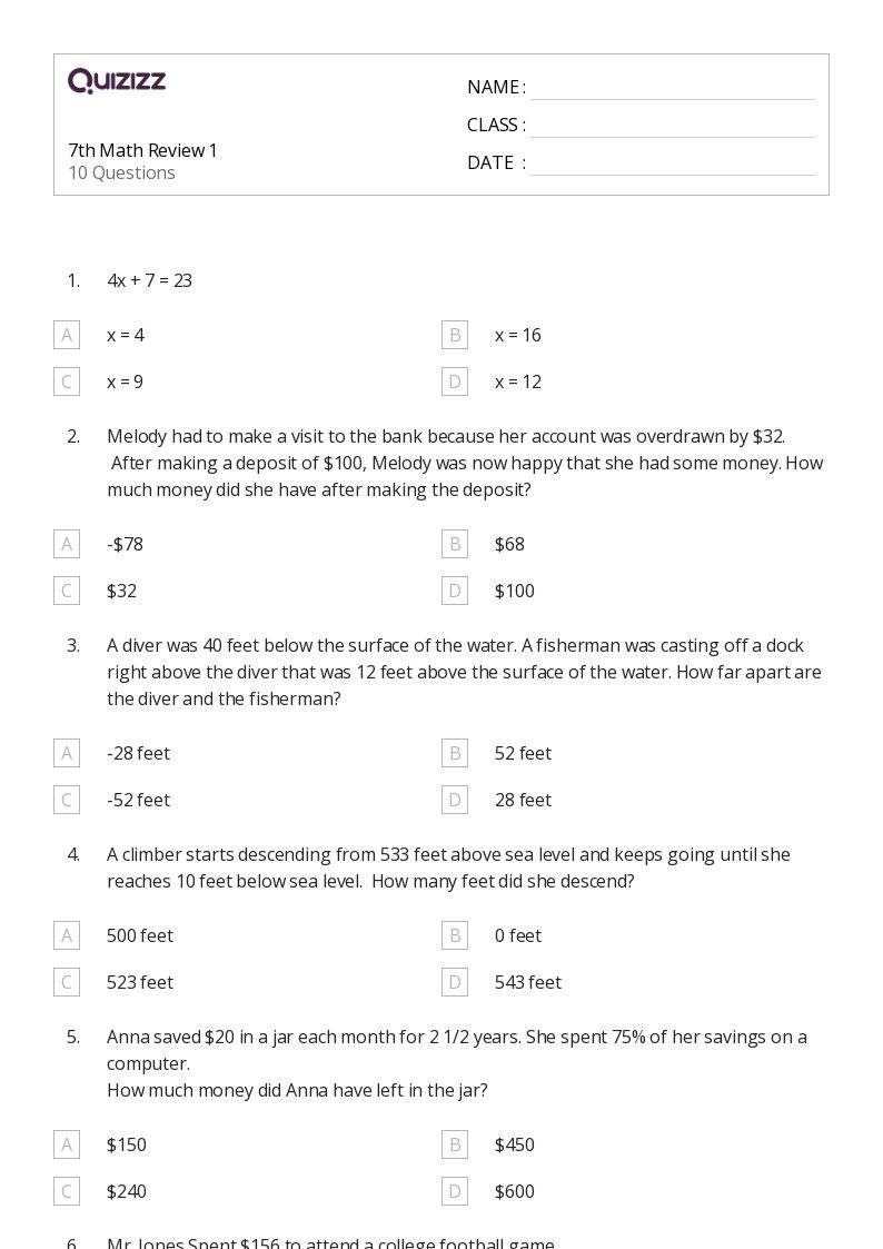 50+ Money Math worksheets for 7th Grade on Quizizz Free & Printable