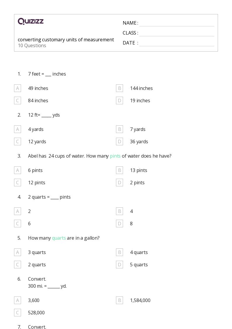 50+ Units of Measurement worksheets for 7th Grade on Quizizz Free