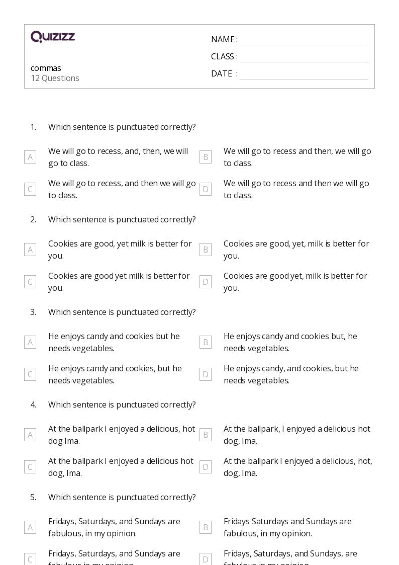 50+ Commas worksheets for 2nd Class on Quizizz Free & Printable