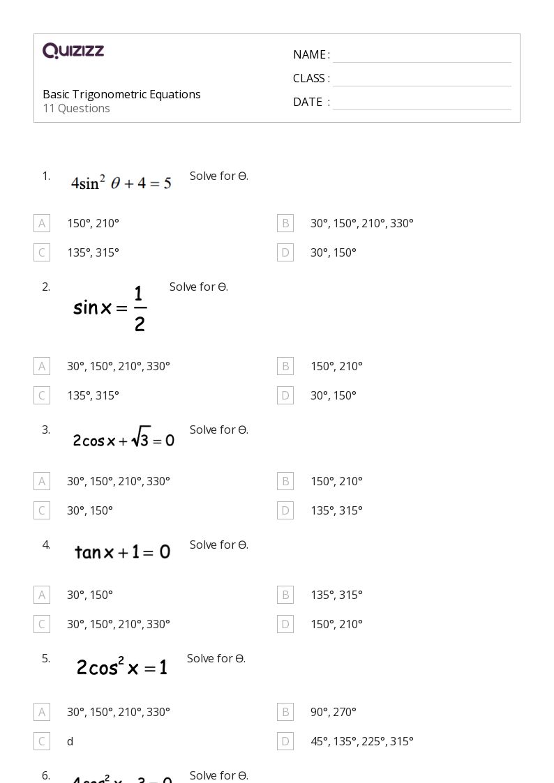50+ trigonometric equations worksheets for 11th Grade on Quizizz | Free