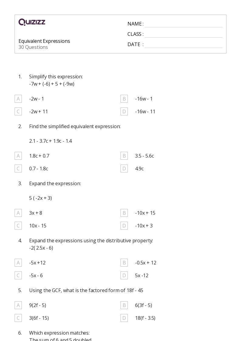 50+ Equivalent Expressions worksheets for 8th Grade on Quizizz | Free