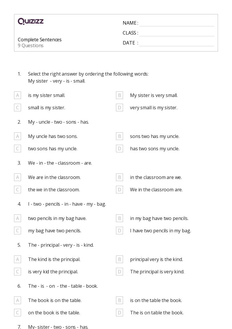 50+ Complete Sentences worksheets for 4th Grade on Quizizz Free