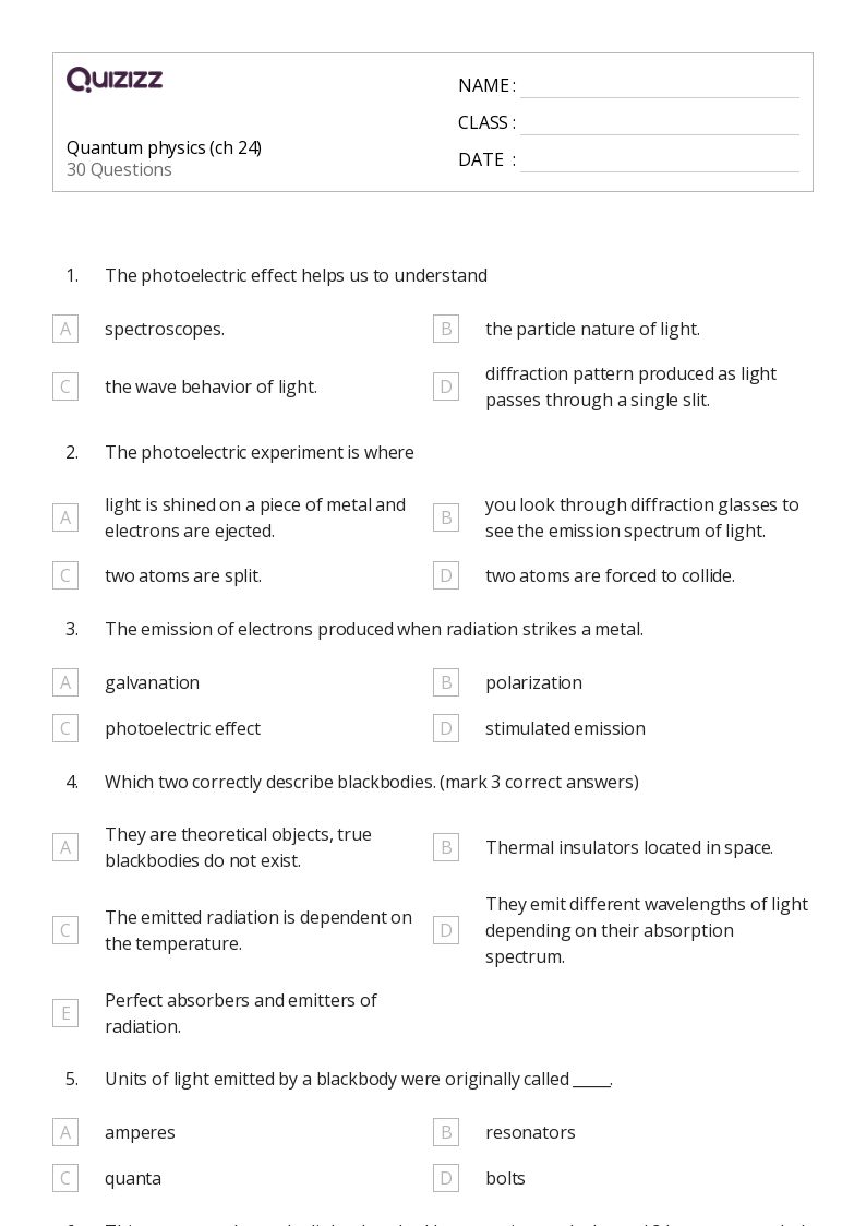 50+ quantum physics worksheets for 12th Grade on Quizizz Free & Printable