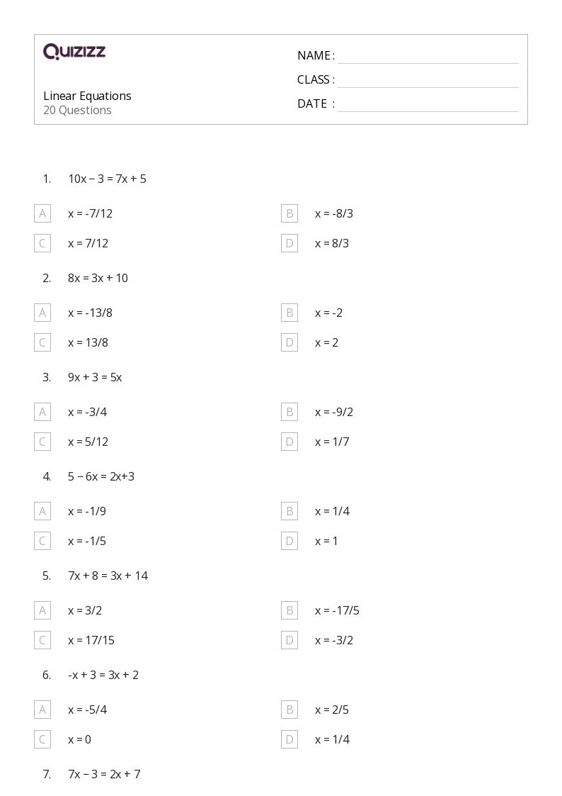 50+ Linear Equations worksheets for 6th Grade on Quizizz Free & Printable