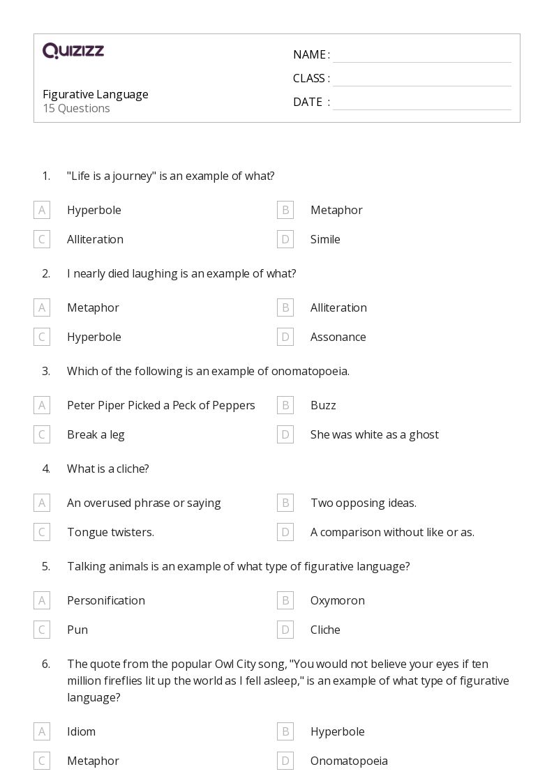 50+ Figurative Language worksheets for 6th Grade on Quizizz Free & Printable