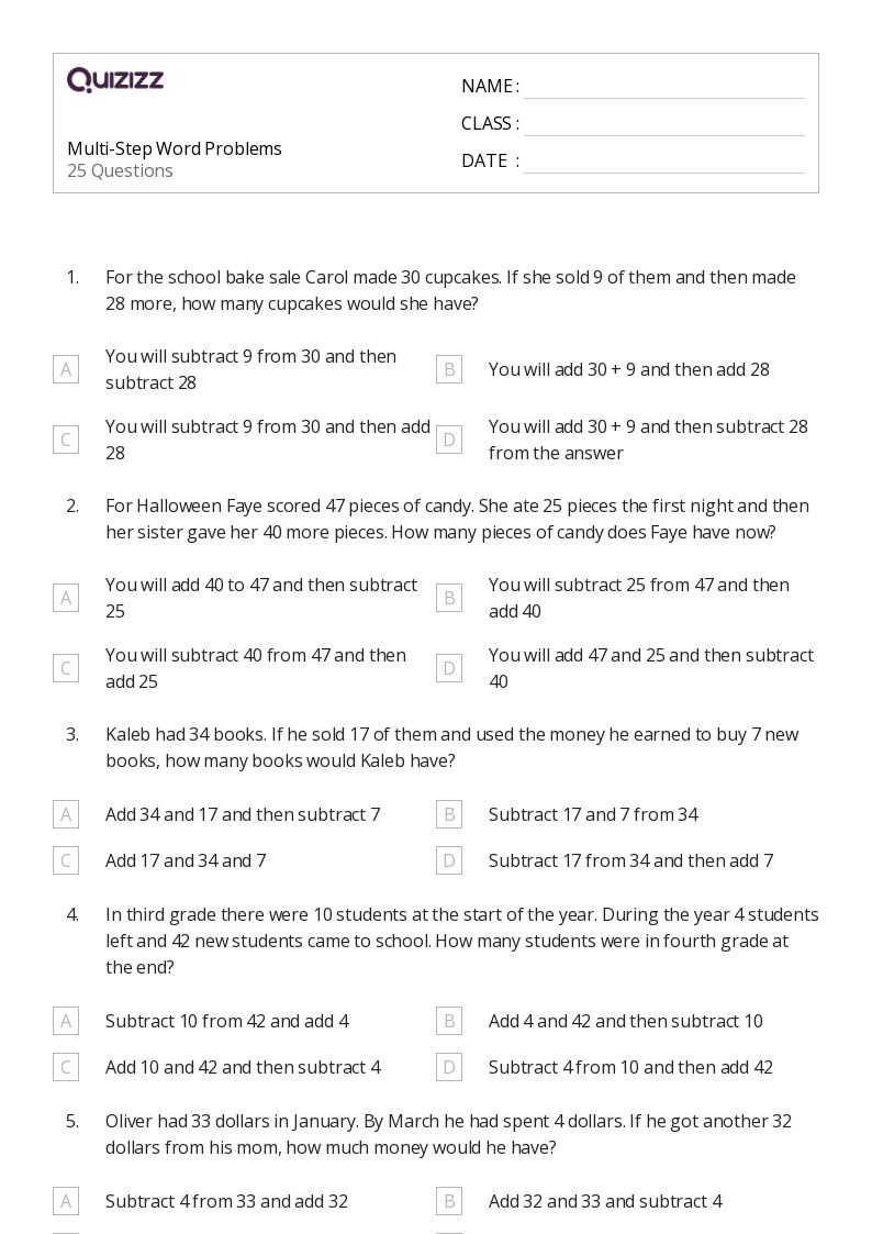 50+ MultiStep Word Problems worksheets for 2nd Grade on Quizizz Free