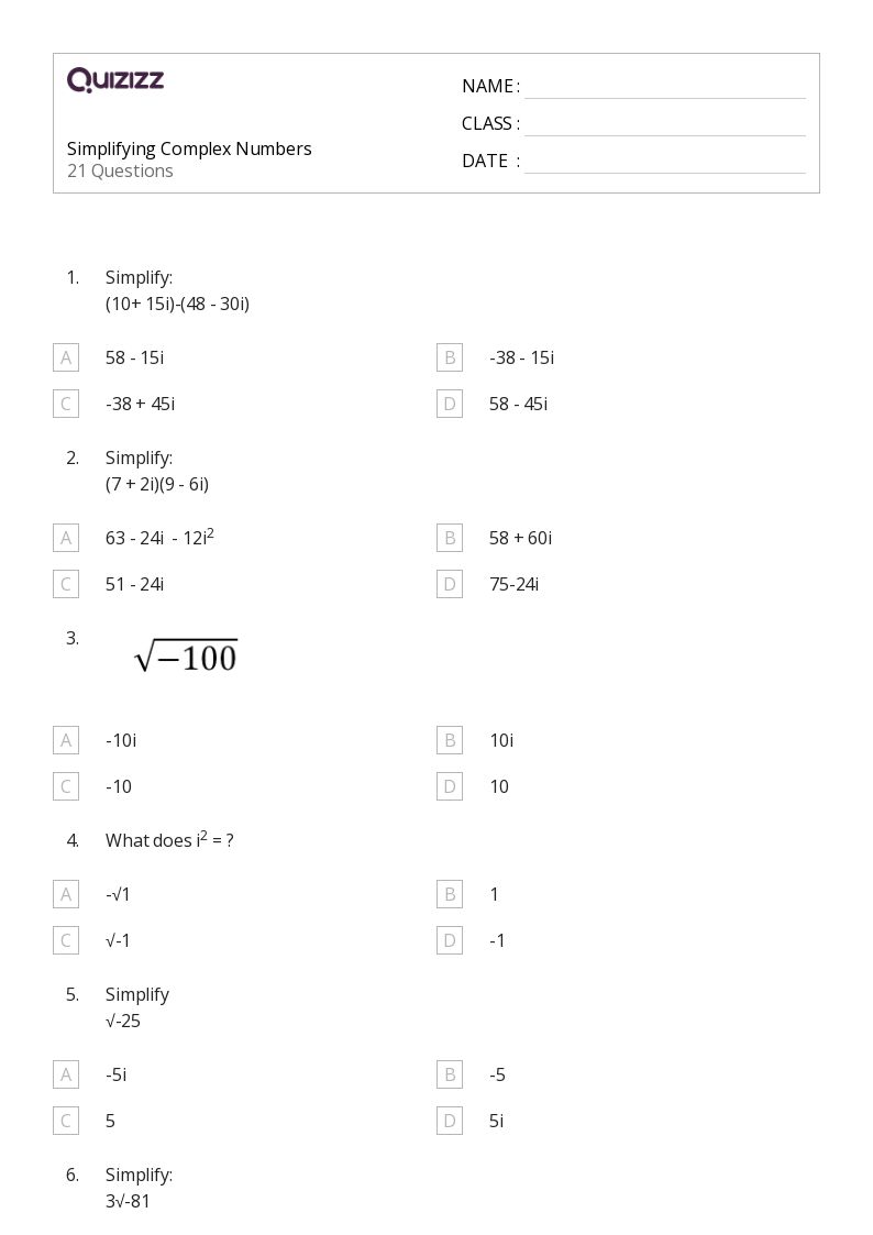 50+ complex numbers worksheets for 9th Year on Quizizz Free & Printable