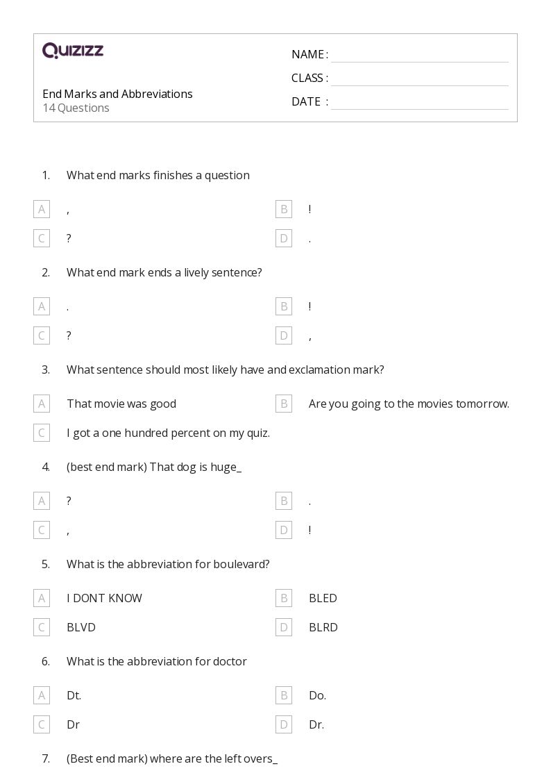 50+ Abbreviations worksheets for 5th Grade on Quizizz Free & Printable