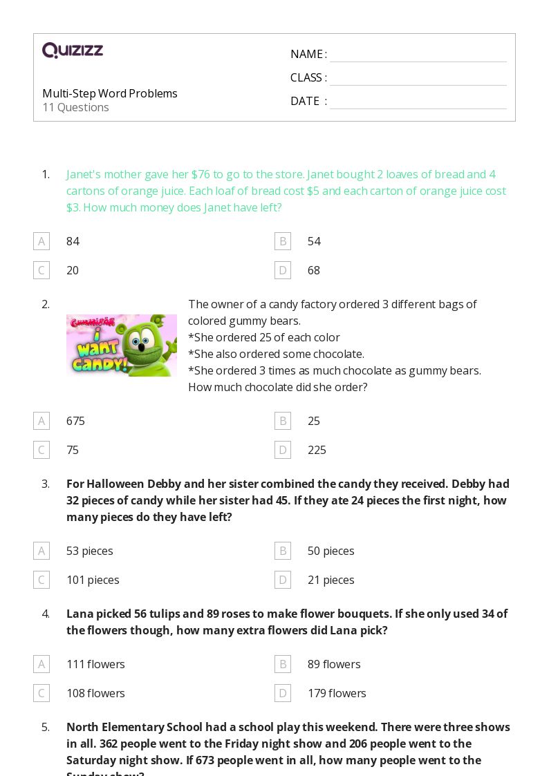 50+ Multi-Step Word Problems worksheets for 4th Grade on Quizizz | Free