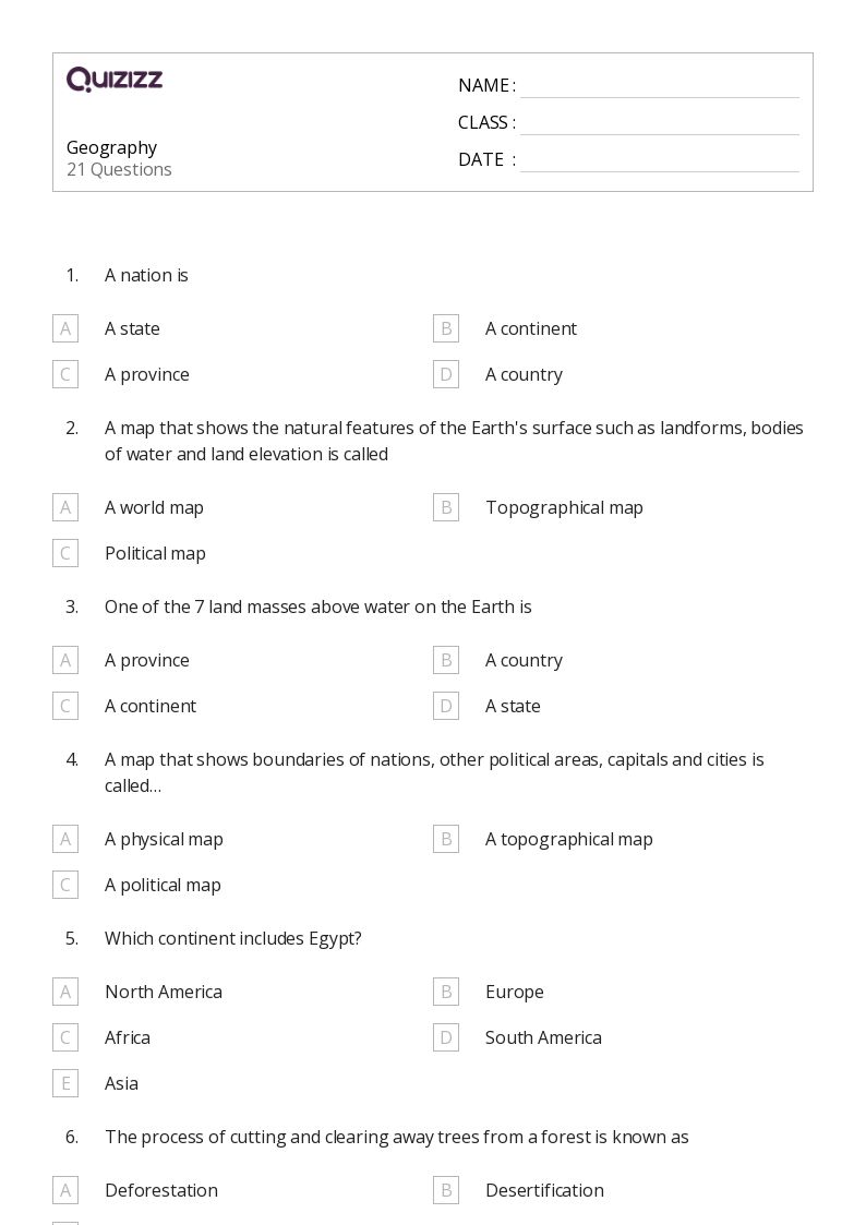50+ Geography worksheets on Quizizz | Free & Printable