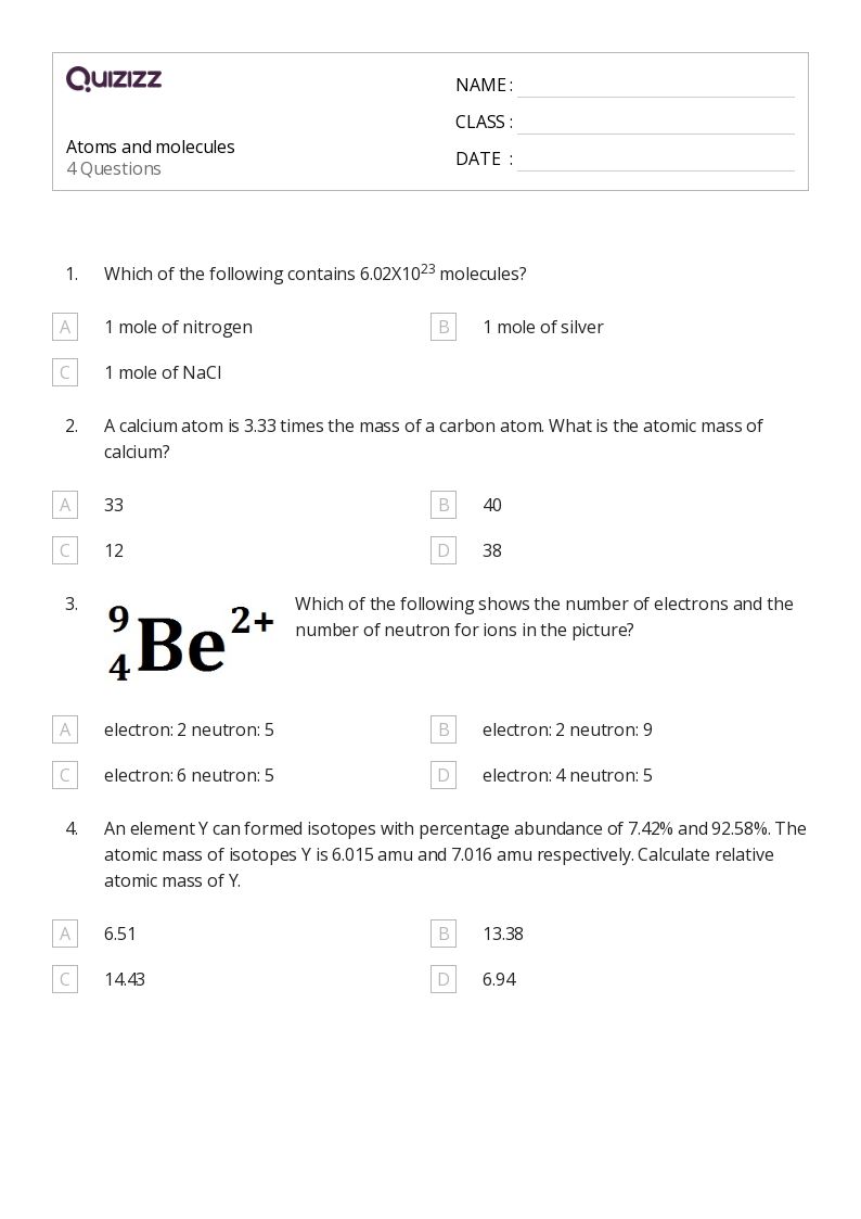 50+ atoms and molecules worksheets on Quizizz | Free & Printable
