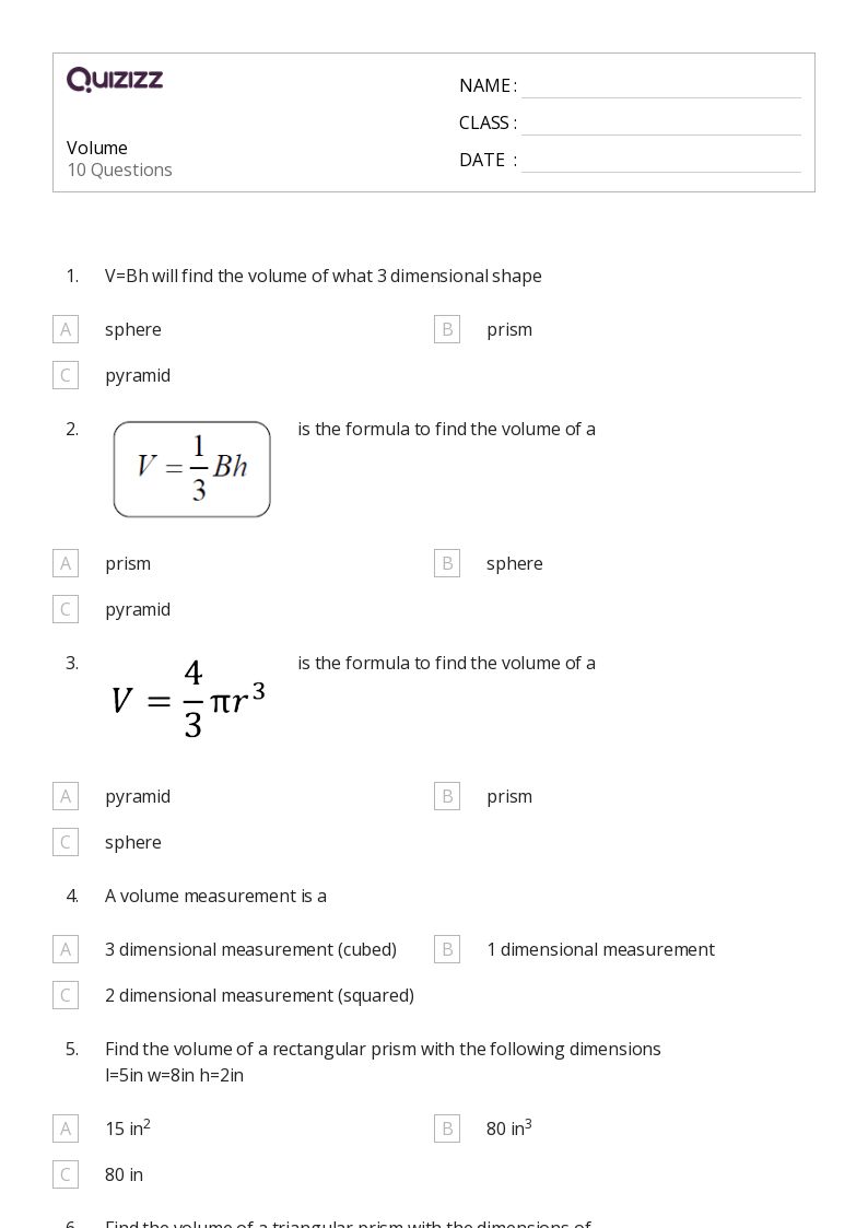 50+ Volume worksheets for 6th Class on Quizizz Free & Printable