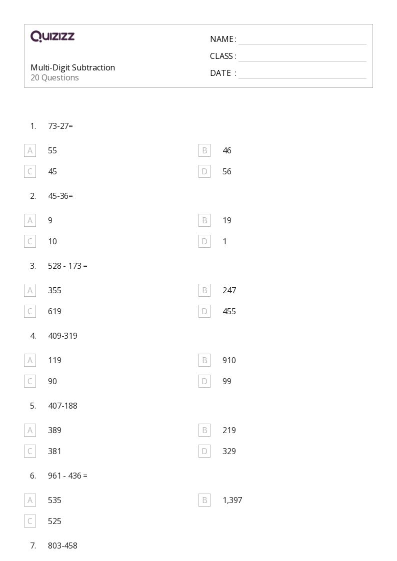 Printable ThreeDigit Subtraction Worksheets for Year 3 Quizizz
