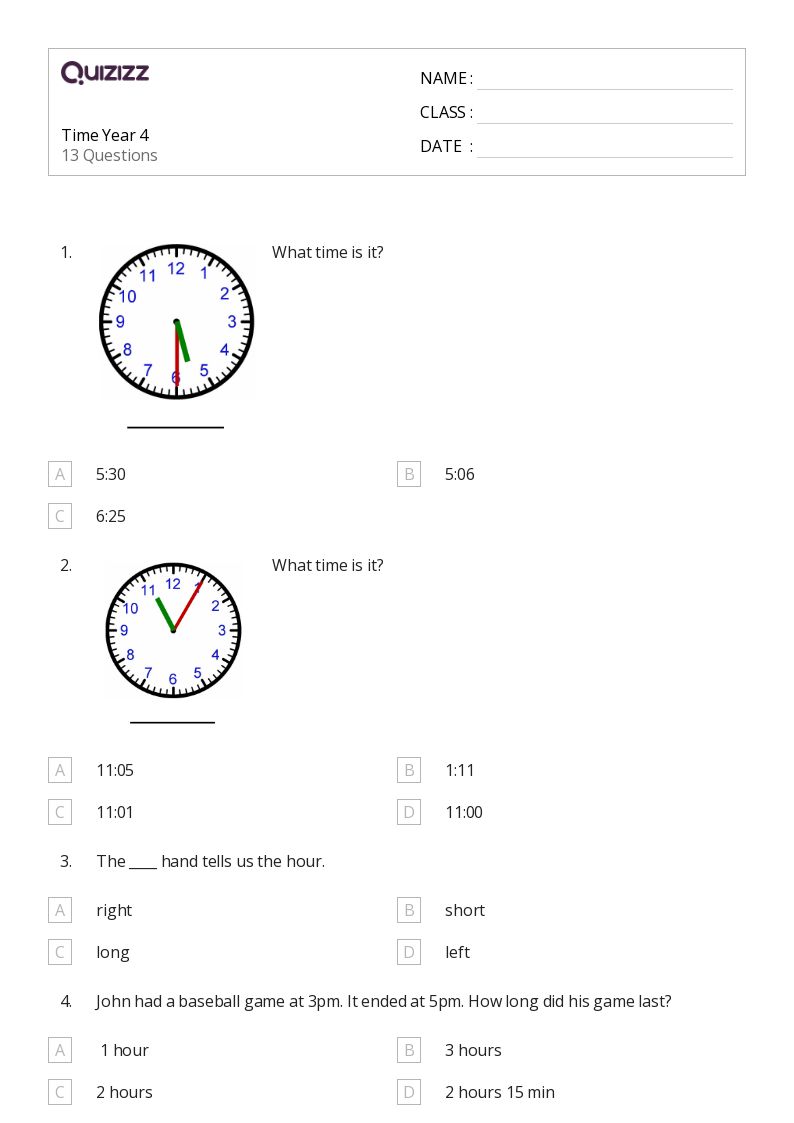 50+ Time to the Half Hour worksheets for 4th Year on Quizizz Free
