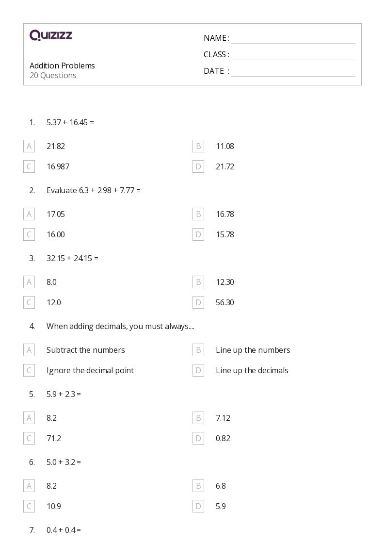 50+ Addition worksheets for 6th Grade on Quizizz Free & Printable