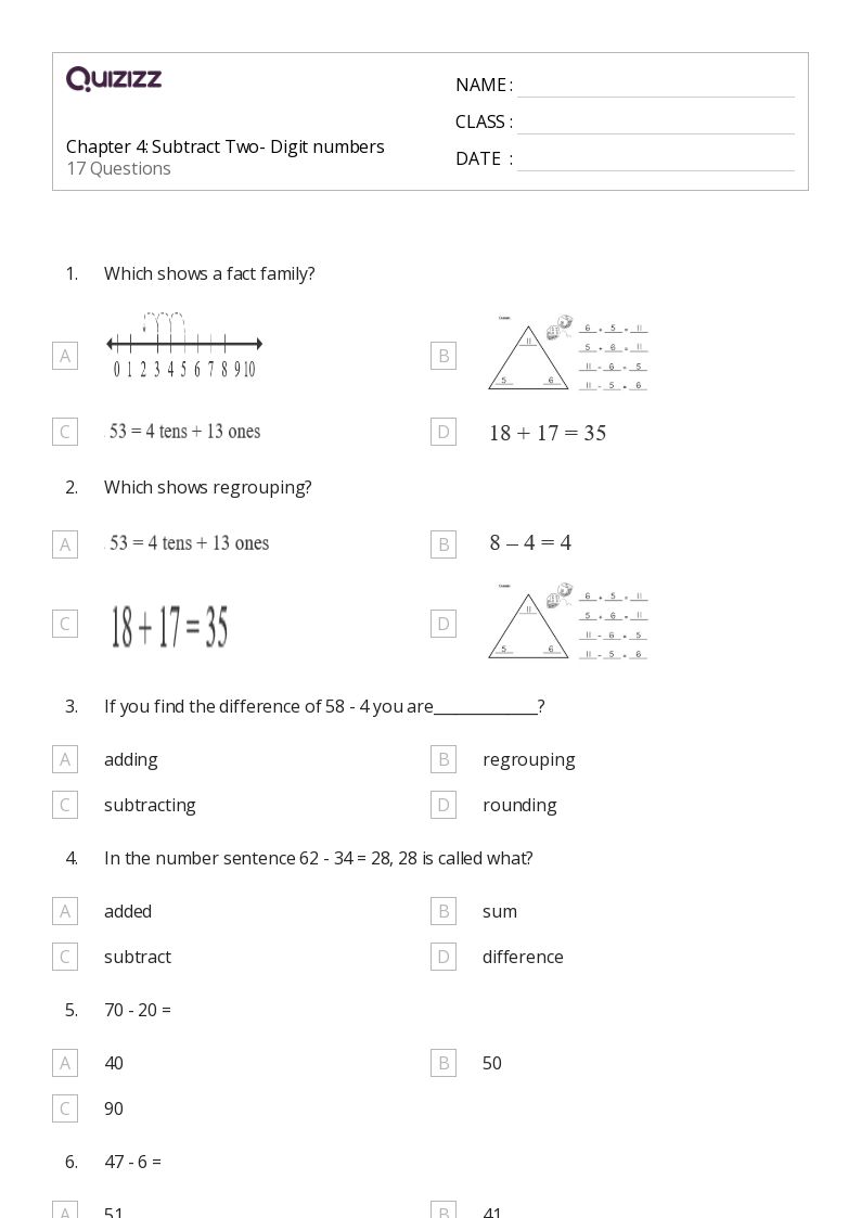 50+ TwoDigit Subtraction and Regrouping worksheets for 2nd Grade on Quizizz Free & Printable