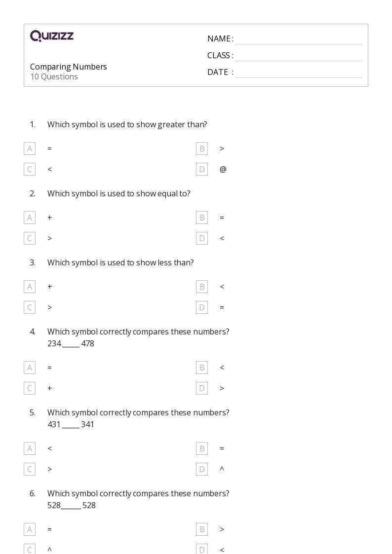 50+ Comparing Numbers 0-10 worksheets for 2nd Grade on Quizizz | Free