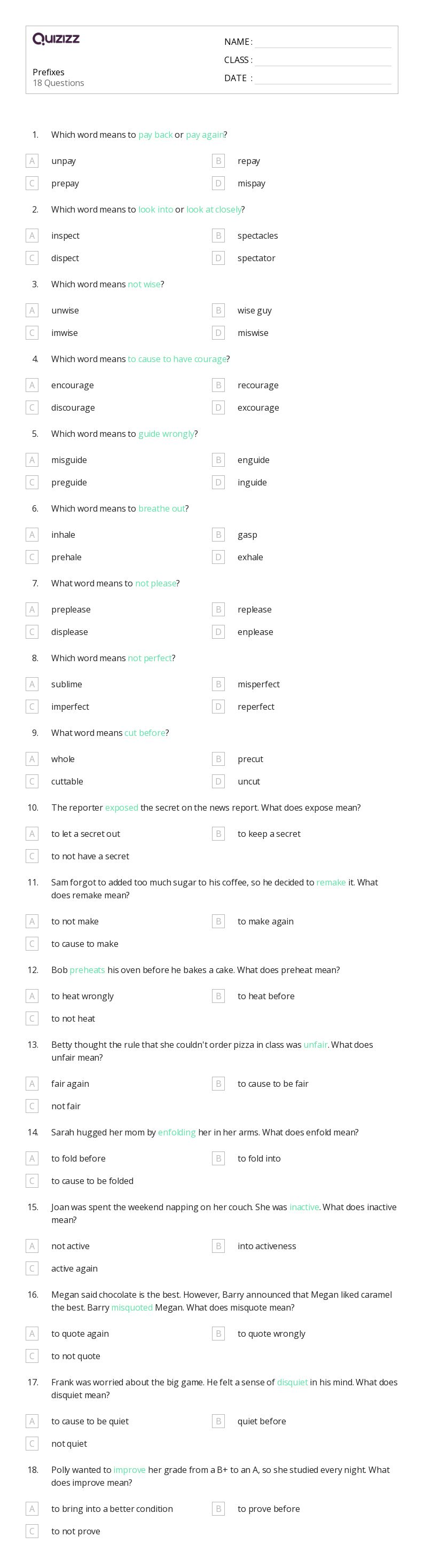 50+ Prefixes worksheets for 3rd Grade on Quizizz Free & Printable