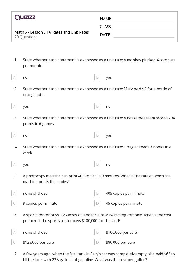 50+ Unit Rates worksheets for 5th Grade on Quizizz Free & Printable