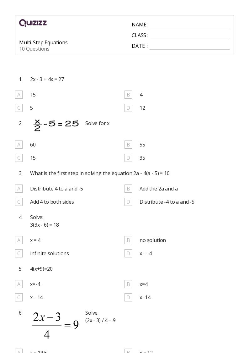 50+ MultiStep Equations worksheets for 7th Grade on Quizizz Free & Printable