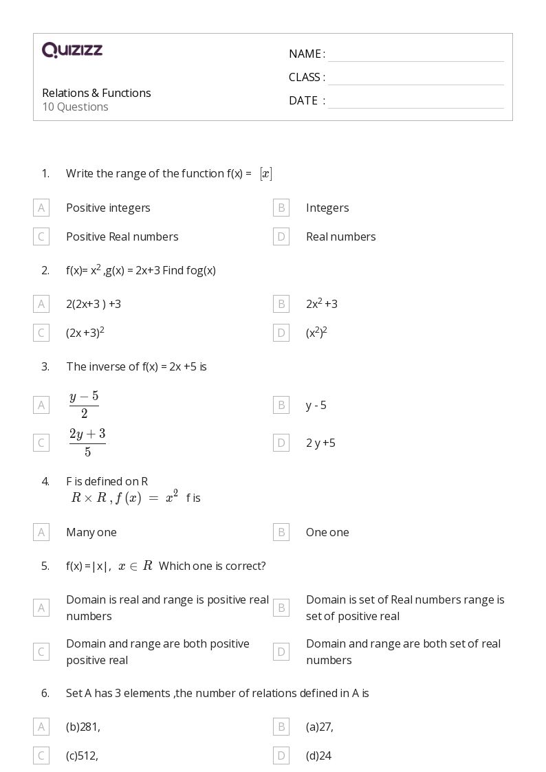 50+ functions worksheets for 10th Class on Quizizz Free & Printable