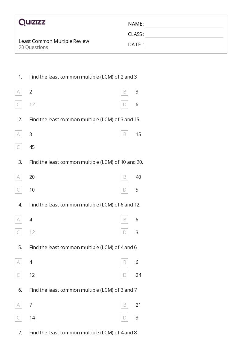 50+ Least Common Multiple worksheets for 7th Grade on Quizizz Free & Printable