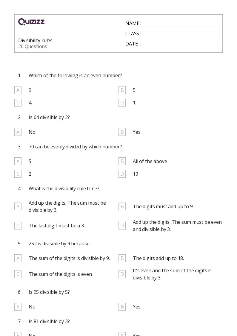 50+ Divisibility Rules worksheets for 6th Grade on Quizizz Free & Printable