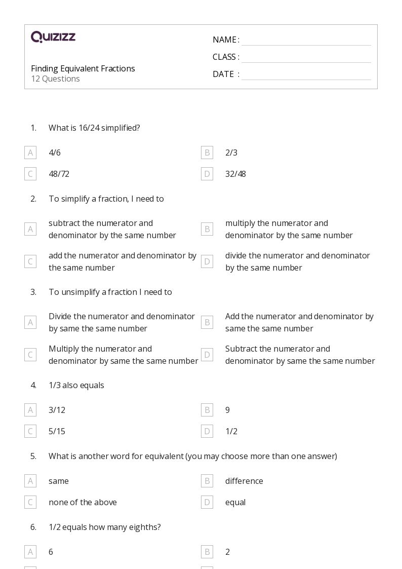 50+ Equivalent Fractions worksheets for 5th Grade on Quizizz Free & Printable