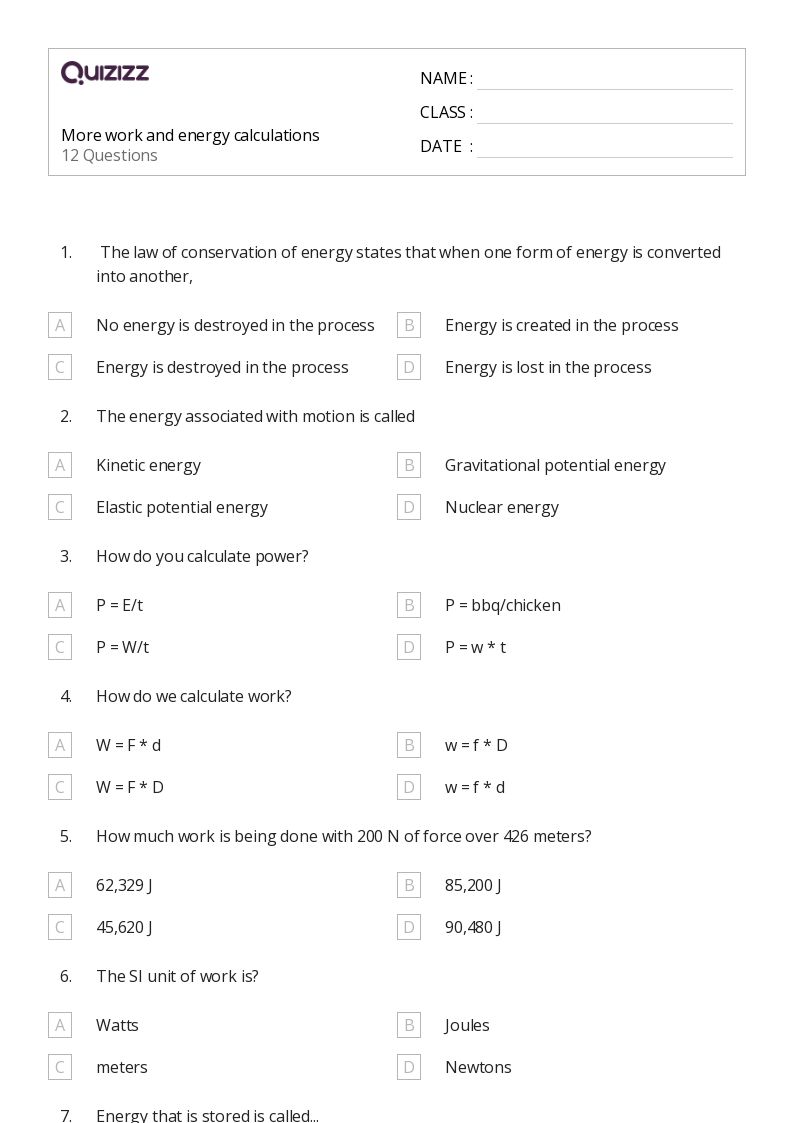50+ work and energy worksheets for 10th Grade on Quizizz Free & Printable